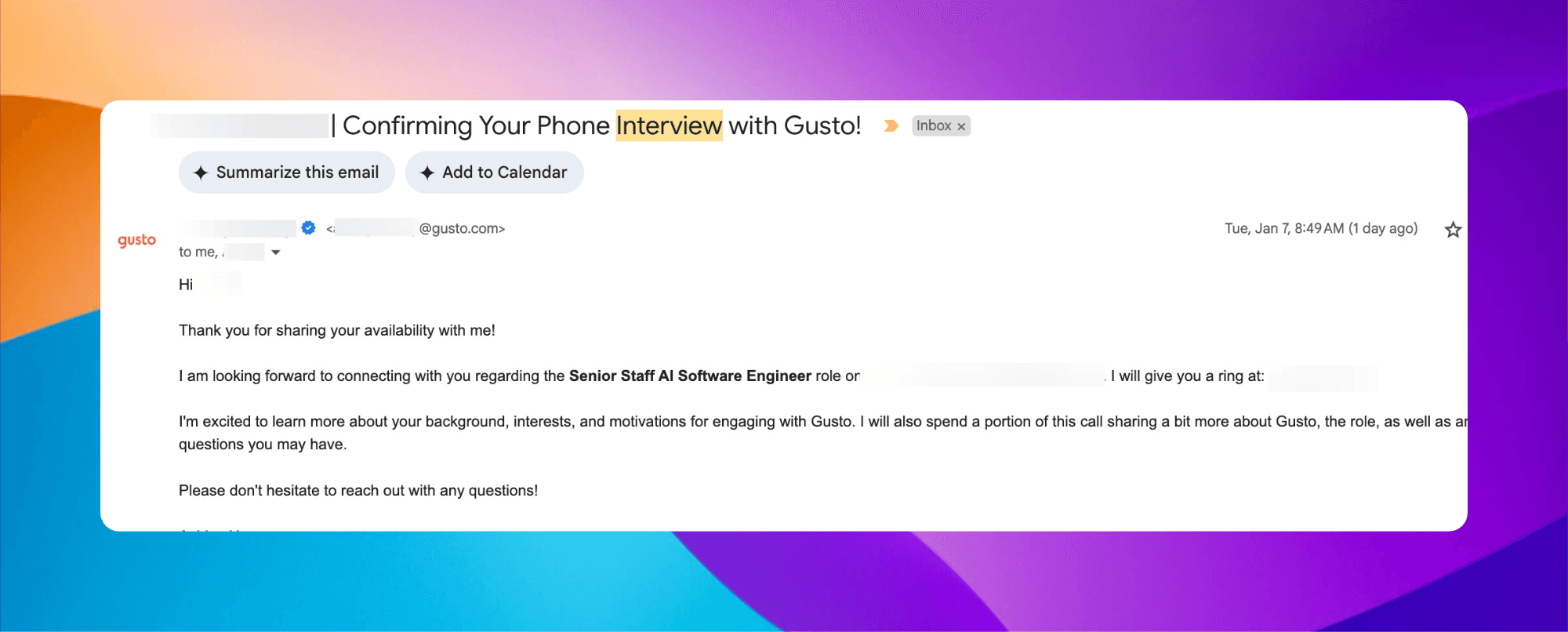 Gusto interview invitation email